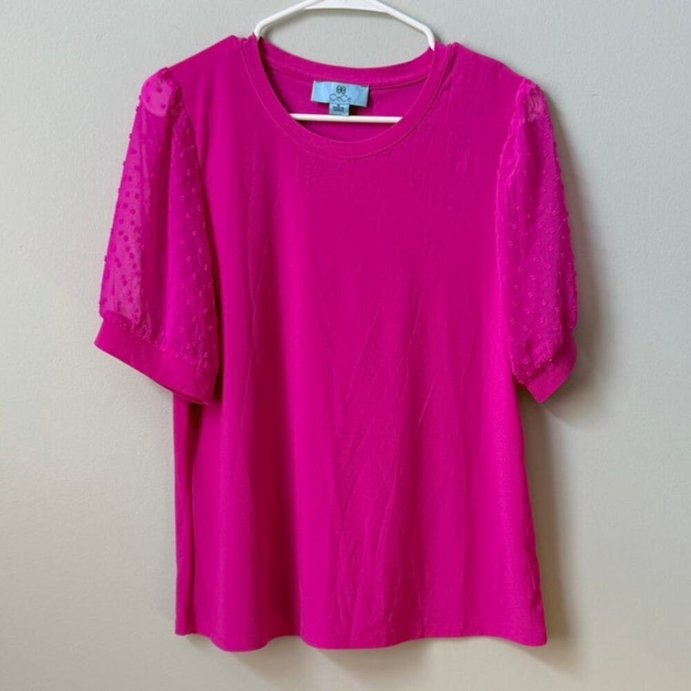 CeCe Clip Dot Puff Sleeve Top Women's Medium M Barbie Hot Pink Crew Neck Blouse